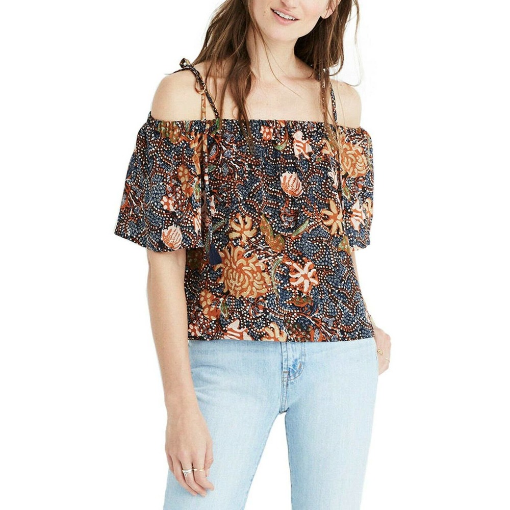 MADEWELL Sea Floral Print Silk Cold Shoulder Top S